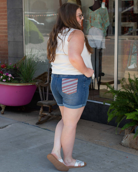 STARS AND STRIPES BUTTON FLY DENIM SHORTS