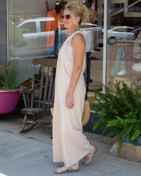 ON MY GAME GATHERED CREAMY BEIGE JUMPSUIT