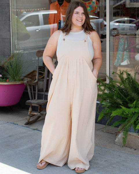 ON MY GAME GATHERED CREAMY BEIGE JUMPSUIT