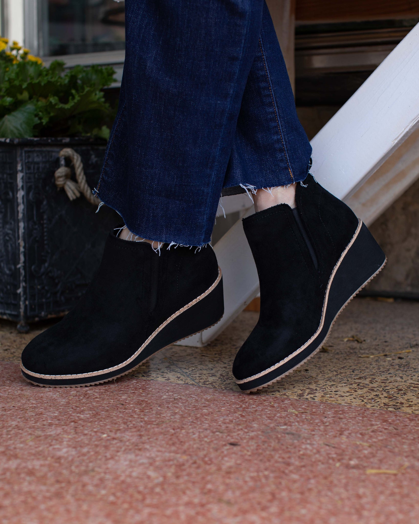 BLACK FAUX SUEDE WEDGE BOOTIE BY CORKYS