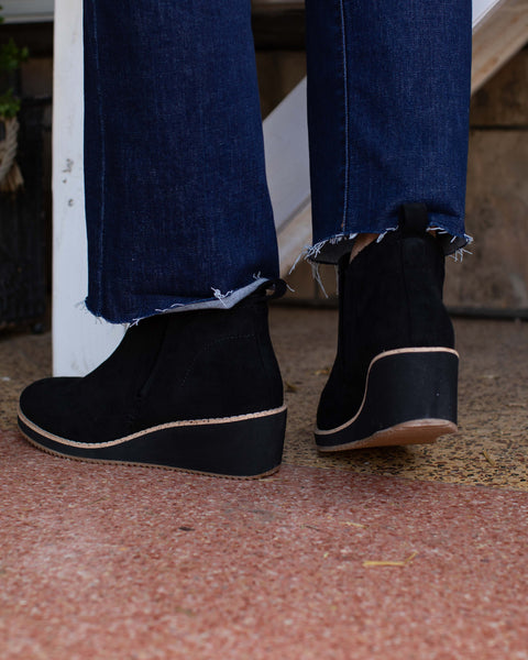 BLACK FAUX SUEDE WEDGE BOOTIE BY CORKYS