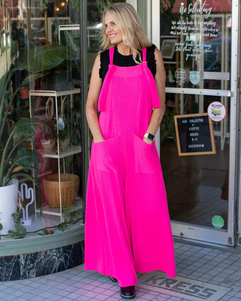 GIRL ON FIRE RIBBED OVERALLS - FUCHSIA