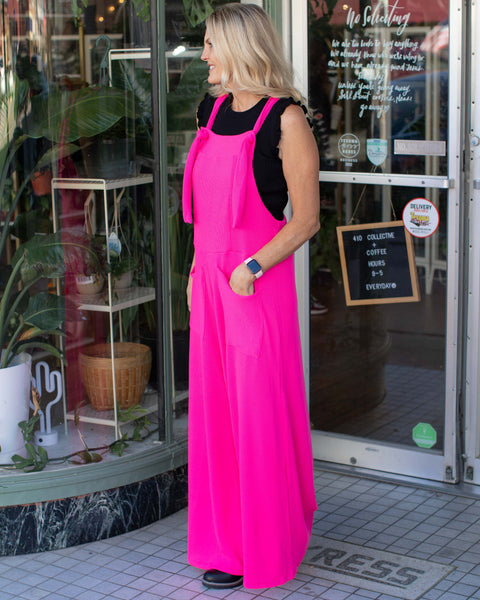 GIRL ON FIRE RIBBED OVERALLS - FUCHSIA