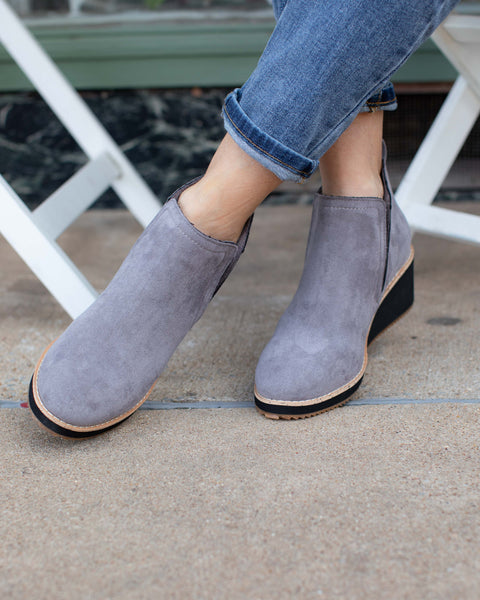 GREY FAUX SUEDE WEDGE BOOTIE BY CORKYS