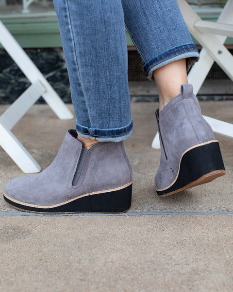 GREY FAUX SUEDE WEDGE BOOTIE BY CORKYS