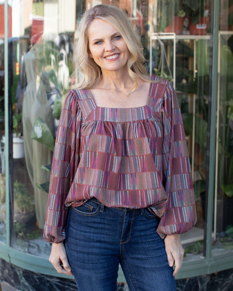 WINE COUNTRY SHIRRED SQUARE NECK TOP