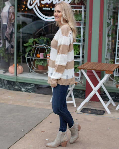 SWEET ESCAPE DISTRESSED LONG SWEATER - TAUPE