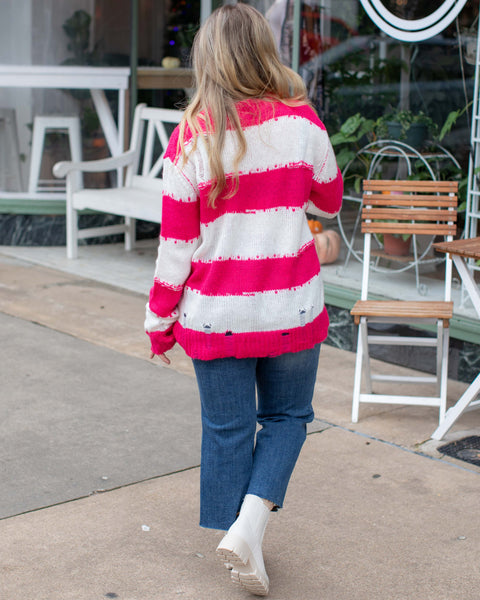 SWEET ESCAPE DISTRESSED LONG SWEATER - PINK
