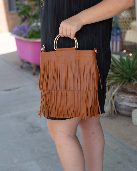 BOHO FRINGE PURSE WITH RING TOTE - COGNAC