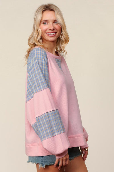 Thermal Plaid Woven Loose Fit Pullover Top - PINK - Salty Lime Boutique