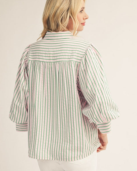 Button Down Textured Striped Top - Pink/Green - Salty Lime Boutique