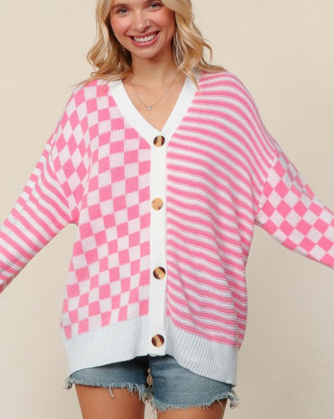 PRICILLA CHECKERED & STRIPED CARDIGAN - PINK