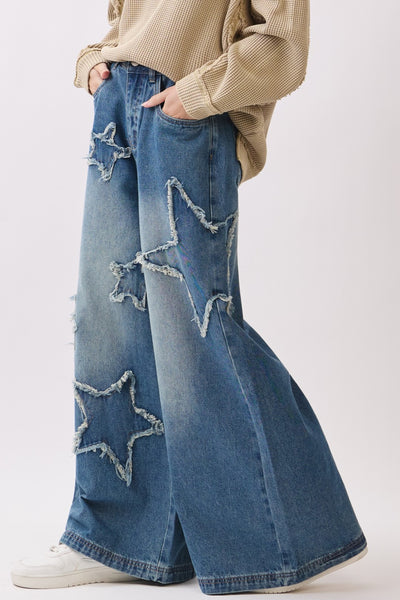 STAR PATCHWORK WIDE LEG DENIM PANT - DENIM