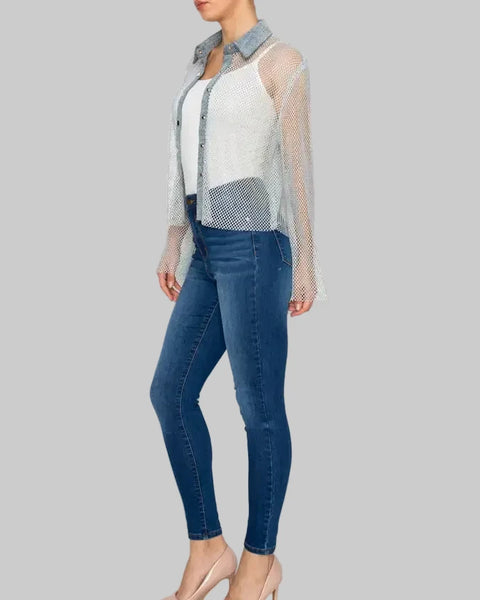 Sparkly Mesh Jacket OLS-4985SW Denim - Salty Lime Boutique