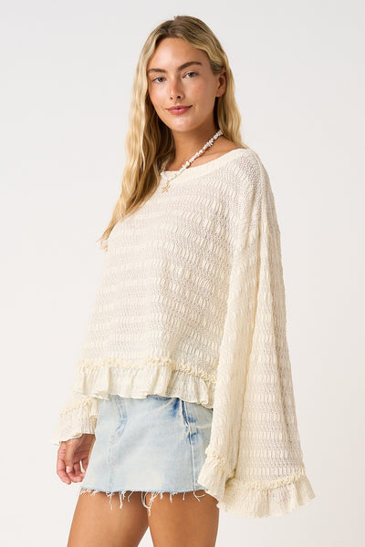 Flowy Batwing Sleeve Boat Neck Ruffle Hem Top - Salty Lime Boutique