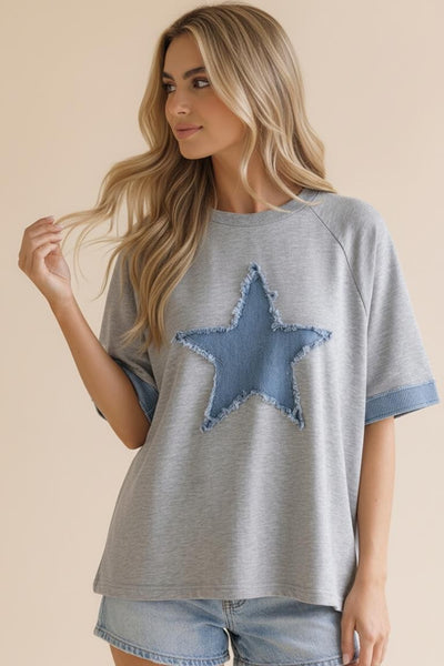 Denim Star Patchwork Washed French Terry Top HCT7559A - Salty Lime Boutique
