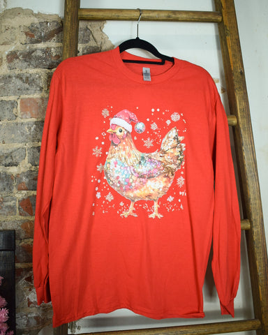 CHRISTMAS CHICKEN LONG SLEEVE GRAPHIC TEE - RED - REG/CURVY