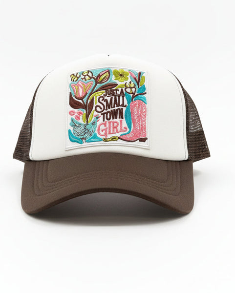 JUST A SMALL TOWN GIRL TRUCKER CAP - BROWN/WHITE