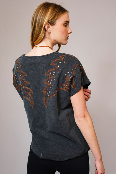 GARMENT WASHED EMBROIDERED STUDDED TSHIRT