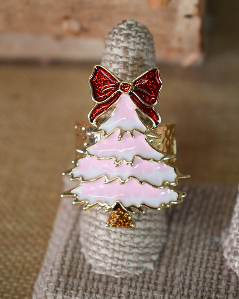 PINK CHRISTMAS TREE WITH BOW STRETCHY RING - PINK