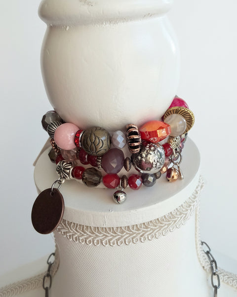 Vintage Boho Pink Glass Bead Stretchy Bracelets - Set of 3