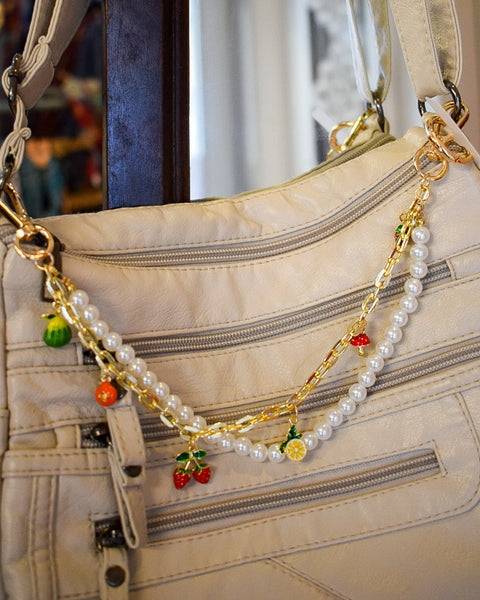 PEARL & FRUIT CHARMS CHUNKY PURSE CHAIN/PHONE WRISTLET
