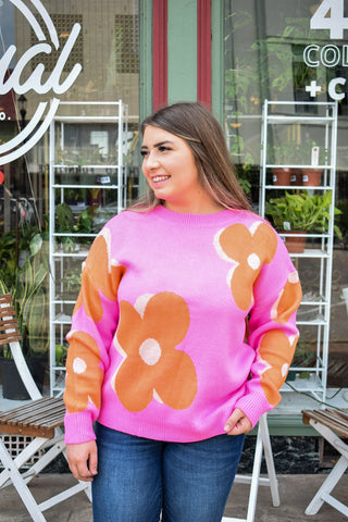 FIERY FLOWER PATTERN  SWEATER - PINK