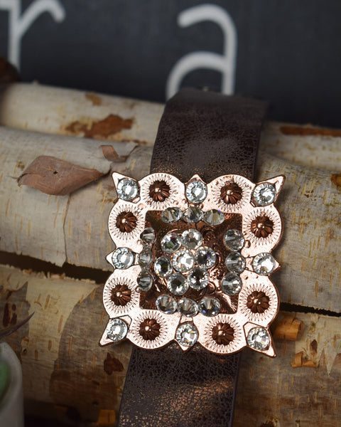 SQUARE MEDALLION WITH RHINESTONES LEATHER CUFF BRACELET - COPPER