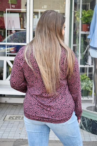 CHEETAH PRINT LONG SLEEVE TEE SHIRT  - WINE