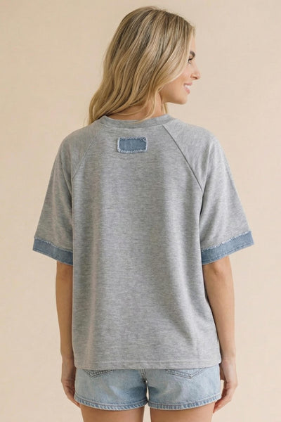 Denim Star Patchwork Washed French Terry Top HCT7559A - Salty Lime Boutique