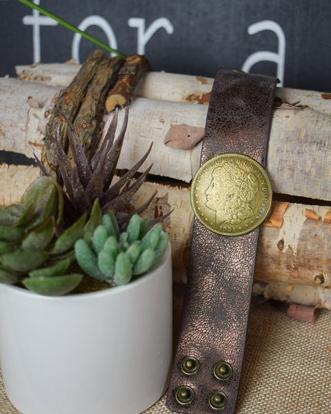 COIN LEATHER CUFF BRACELET - 2 COLORS