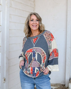 PEACE SIGN PATCHWORK TOP BY POL - CHARCOAL