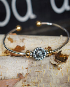 SUNFLOWER CHARM CUFF BRACELET - SILVER
