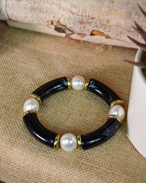 BLACK TUBE BEAD & PEARL STRETCHY BRACELET
