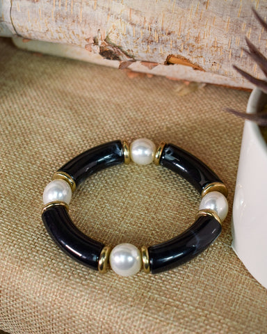 BLACK TUBE BEAD & PEARL STRETCHY BRACELET