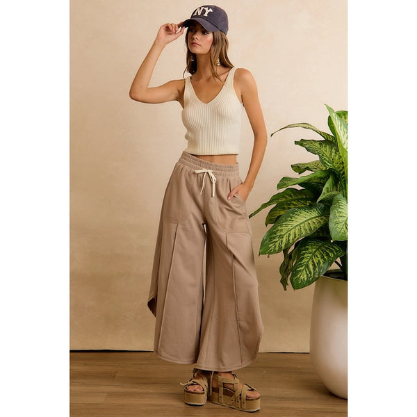 French Terry Out Seam Detail Tulip Hem Pants- Taupe - Reg/Curvy - Salty Lime Boutique