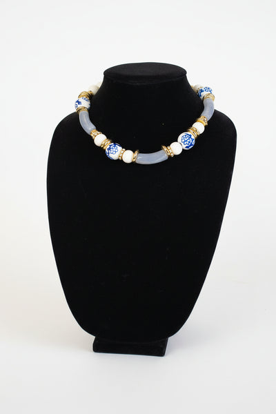 BLUE & WHITE CERAMIC BEAD NECKLACE - Salty Lime Boutique
