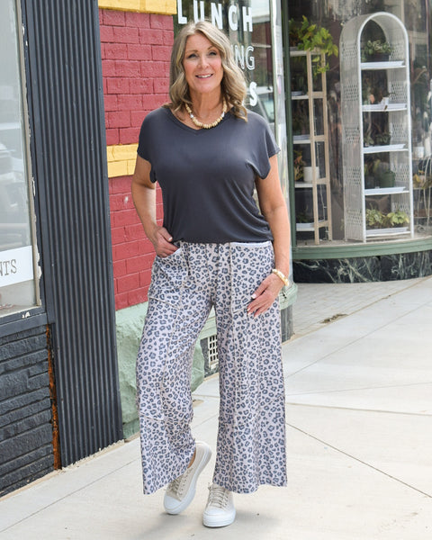 Elastic Waist Wide Leg leopard animal print Pant - Charcoal - Reg/Curvy - Salty Lime Boutique