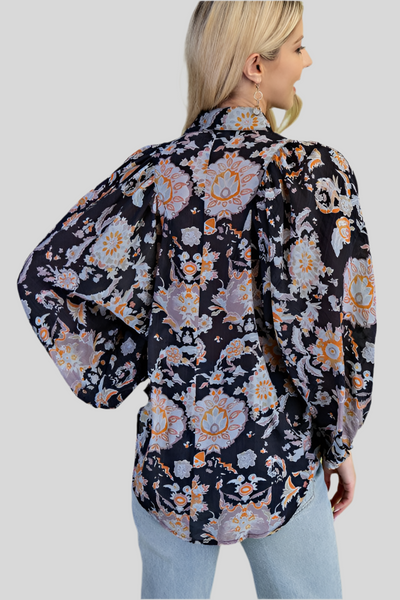 LIGHTWEIGHT FLORAL PRINT BUTTON DOWN SHIRT - BLACK