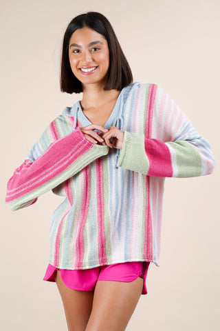 MULTI COLOR STRIPE KNIT OVERSIZED SWEATER TOP- SKY