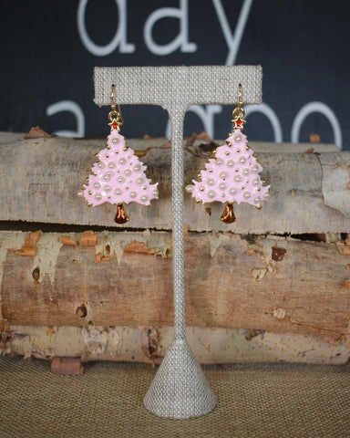 CHRISTMAS TREE WITH PEARLS EARRINGS  - PINK