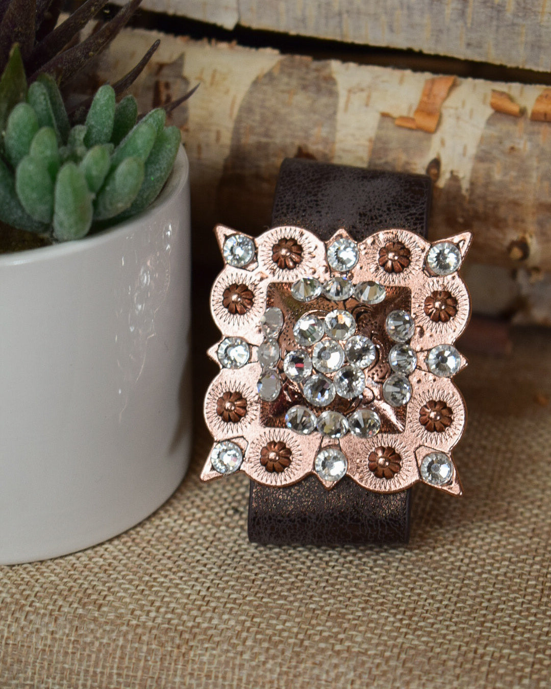 SQUARE MEDALLION WITH RHINESTONES LEATHER CUFF BRACELET - COPPER