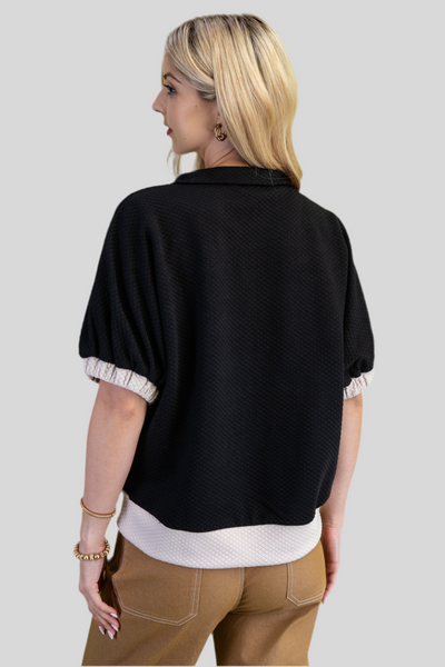 TEXTURED HALF ZIP MOCK NECK TOP - BLACK