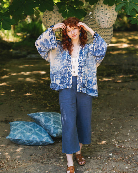 LET THE LIGHT IN DUSTER CROPPED KIMONO - BLUE - ONE SIZE - Salty Lime Boutique