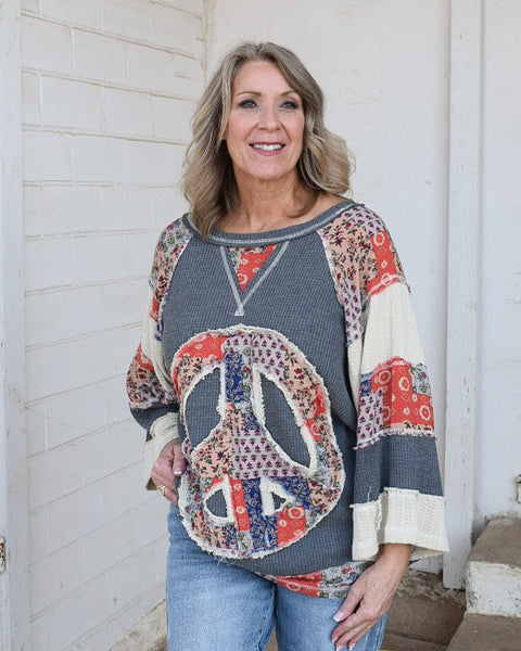 PEACE SIGN PATCHWORK TOP BY POL - CHARCOAL