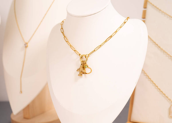 PAPERCLIP CARABINER CHARM HOLDER NECKLACE - 18K GOLD PLATED