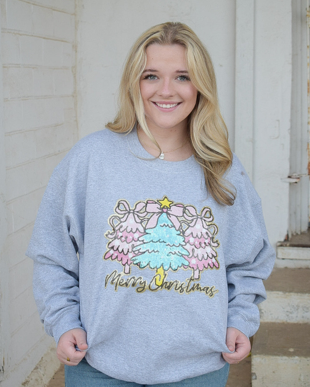 MERRY CHRISTMAS TREES SEQUINS PATCH SWEATSHIRT - HEATHERED GREY