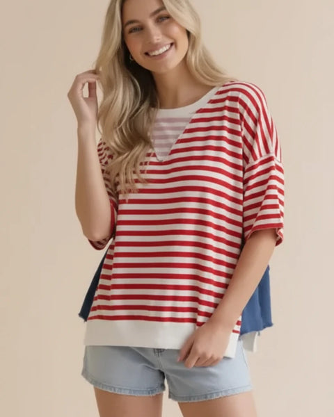 Oversized Star Jacquard Denim Stripe Top - Salty Lime Boutique