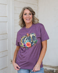 CHECKED PUMPKIN GRAPHIC TEE- HEATHERED PLUM