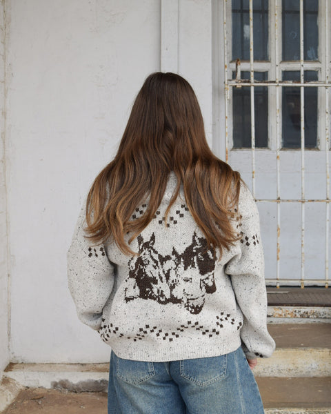 HORSES MOTIVE CARDIGAN SWEATER - OATMEAL - Salty Lime Boutique
